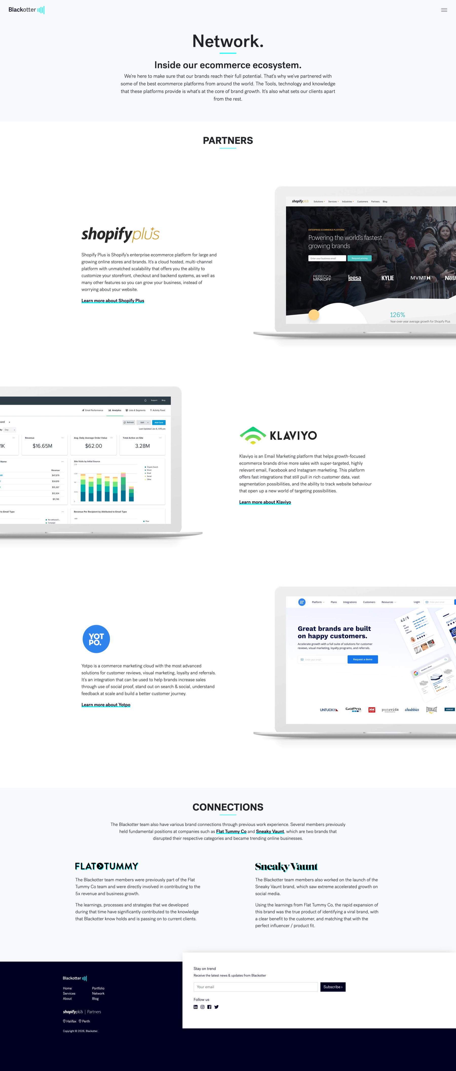 Blackotter internal pages and network layouts on desktop