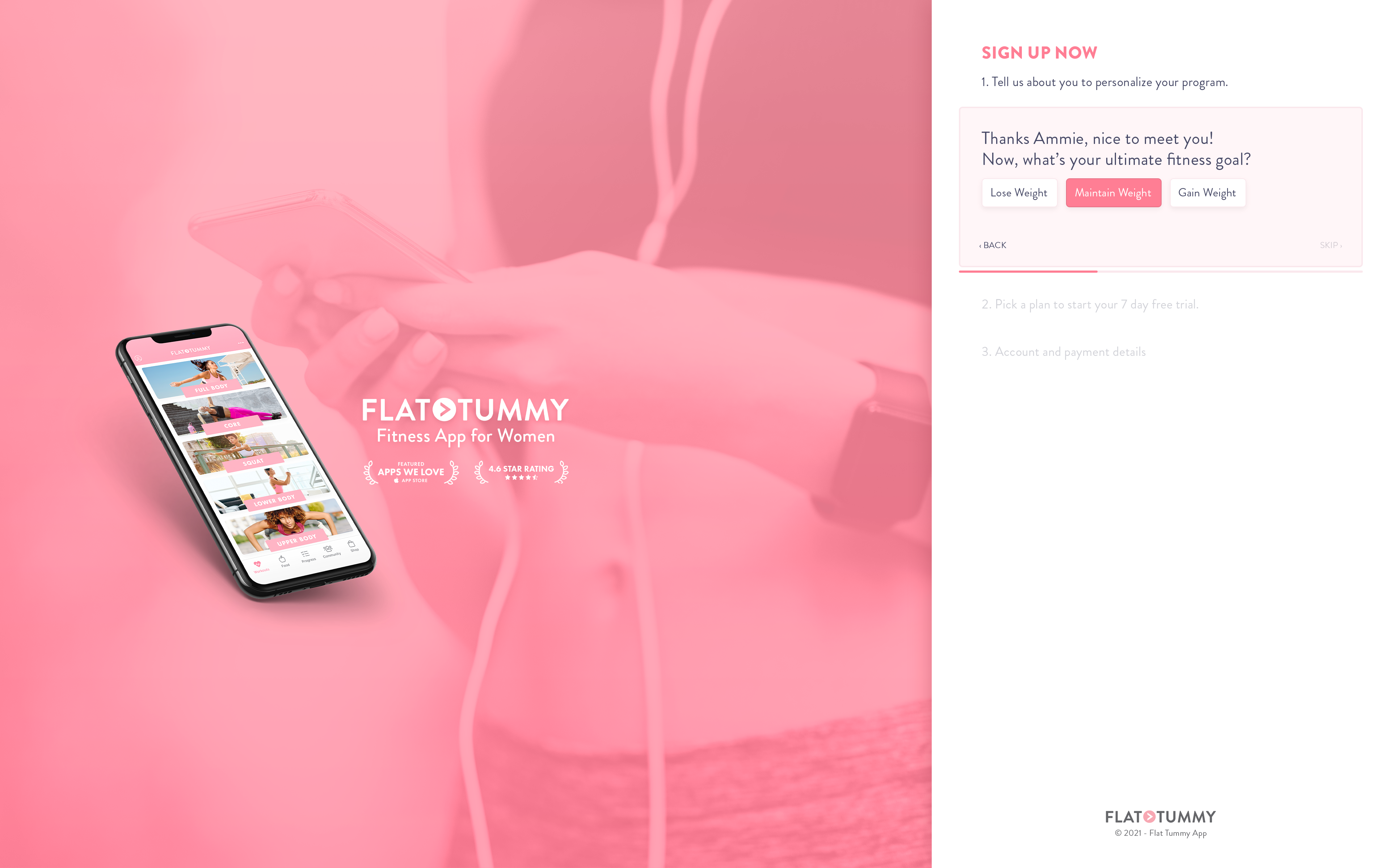 Desktop signup page, step 1 for Flat Tummy Fitness app