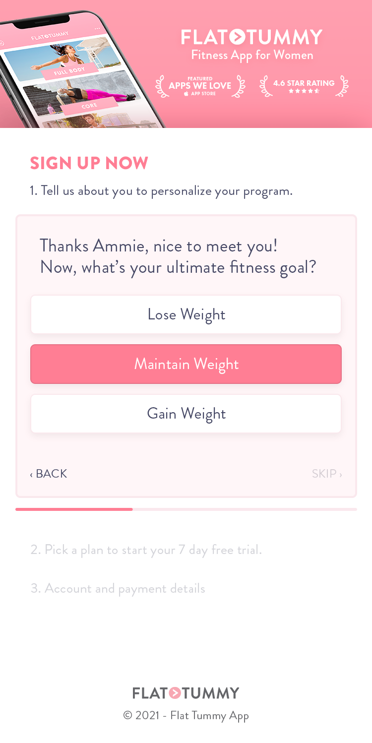 Mobile signup page, step 1 for Flat Tummy Fitness