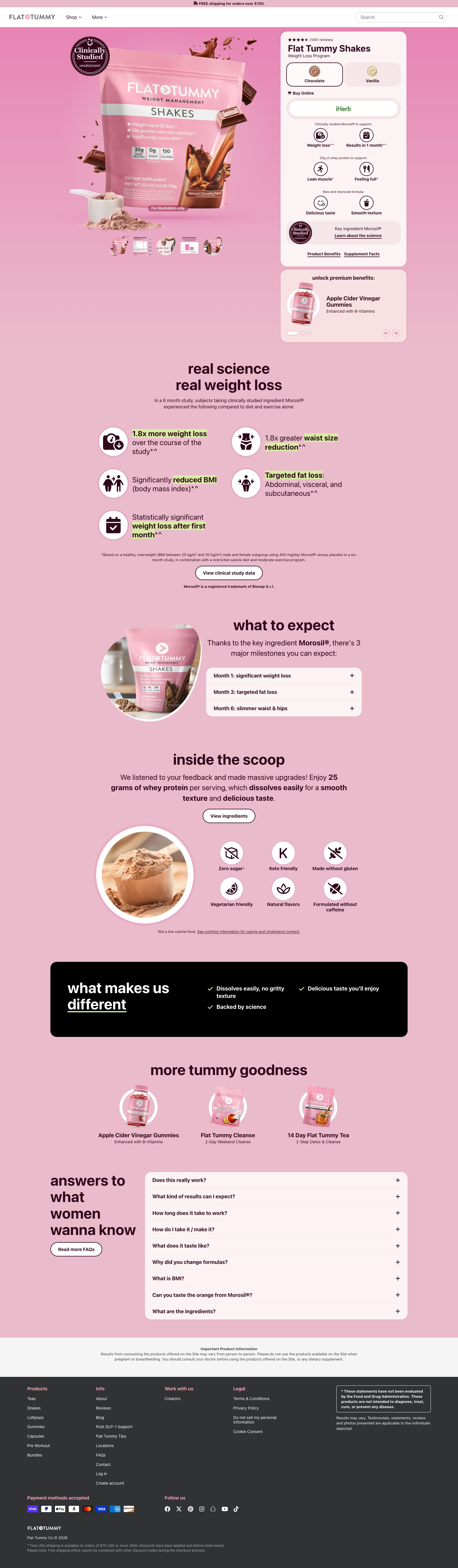 Flat Tummy Shakes product detail page with chocolate shake imagery and product benefits