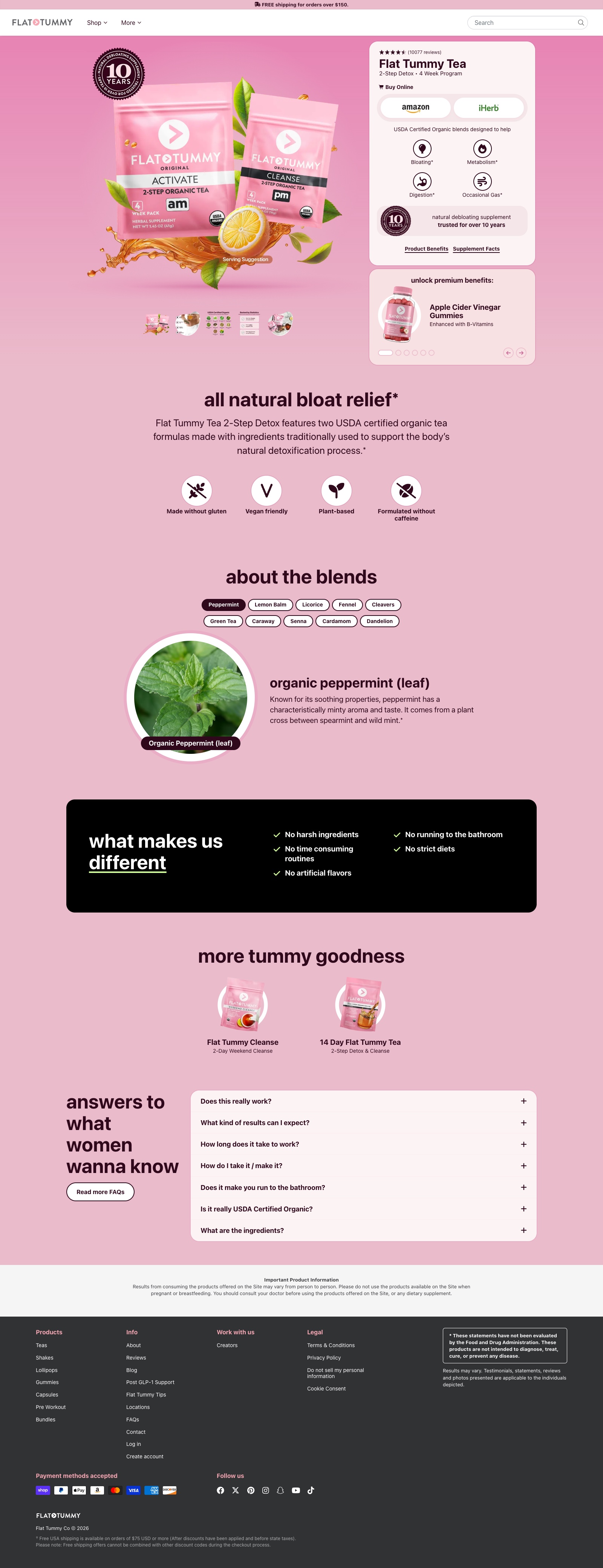 Flat Tummy Tea product detail page with product imagery, purchase options and ingredients