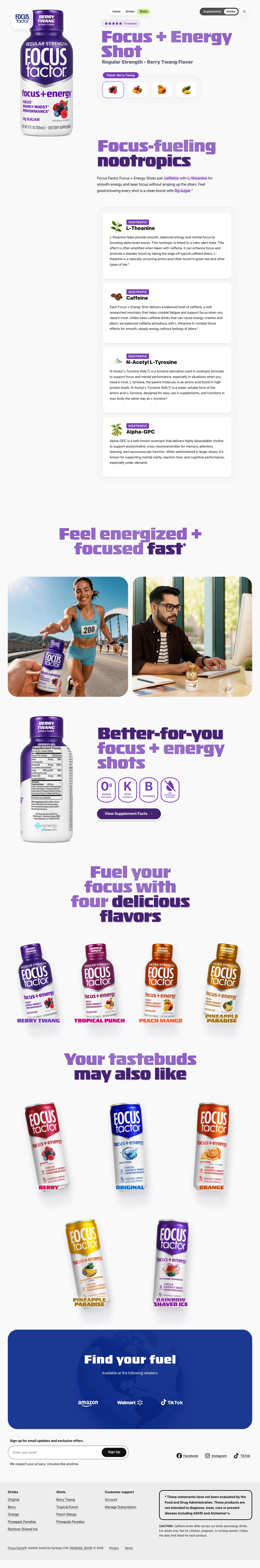 Focus Factor Berry Twang energy shot product page with product imagery, ingredients, lifestyle photography, and flavour range