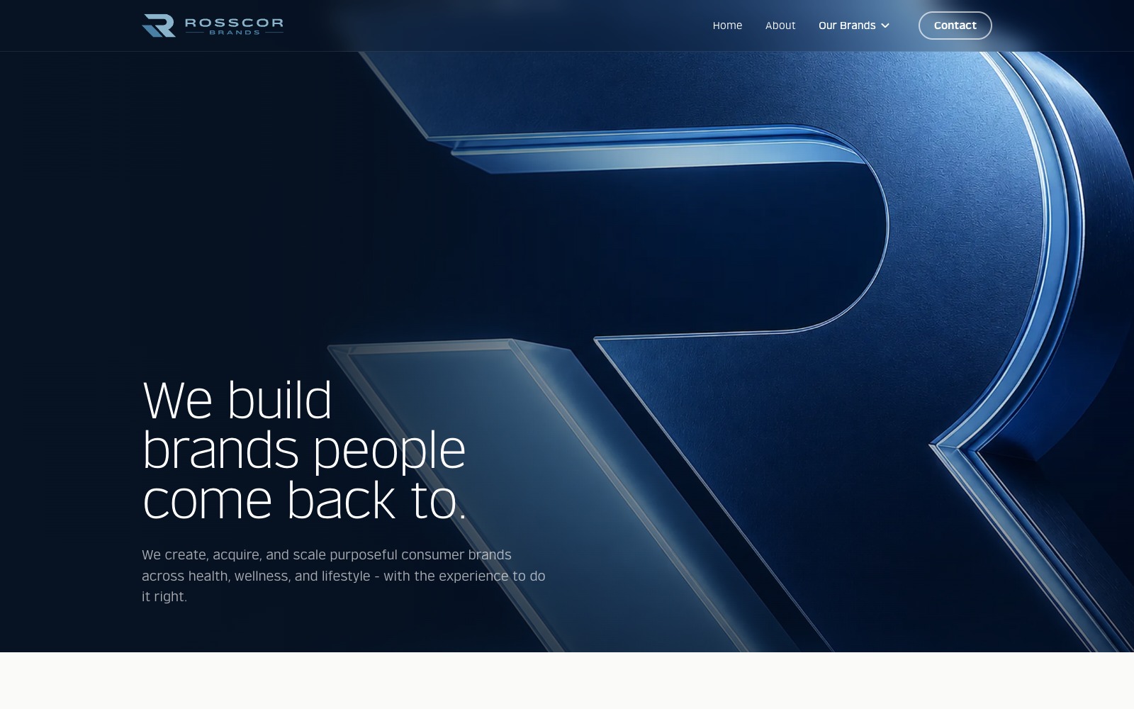 Rosscor Brands About Us page with the blue R sculpture