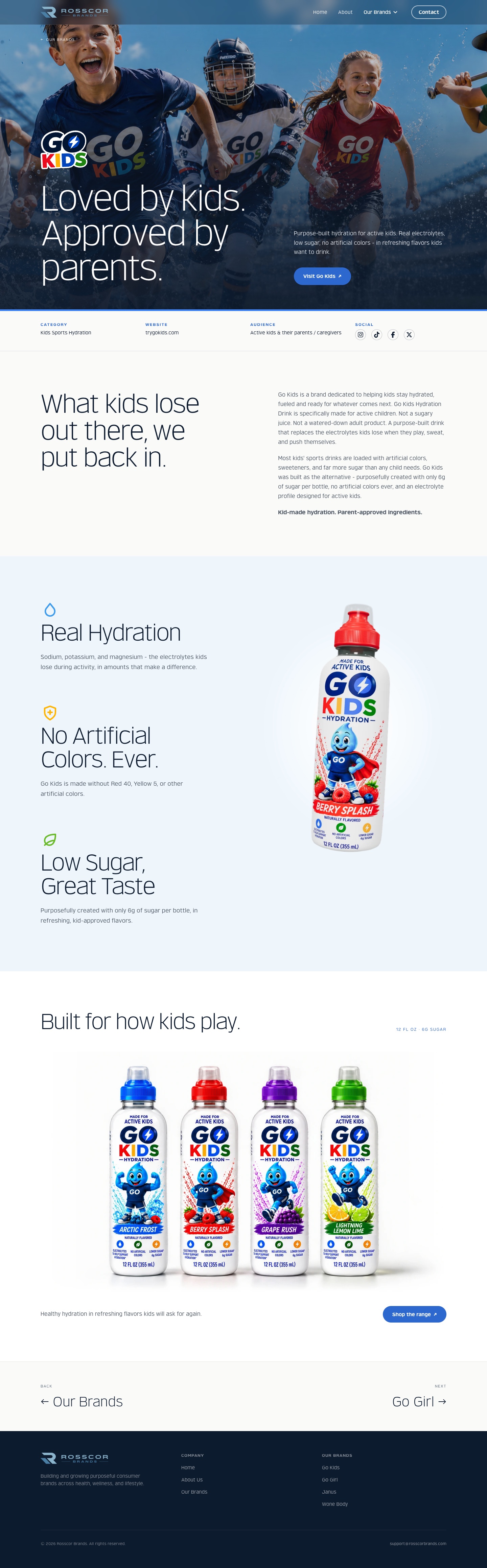 Go Kids brand page on the Rosscor Brands website, with a full-width hero, product information, and hydration bottle range