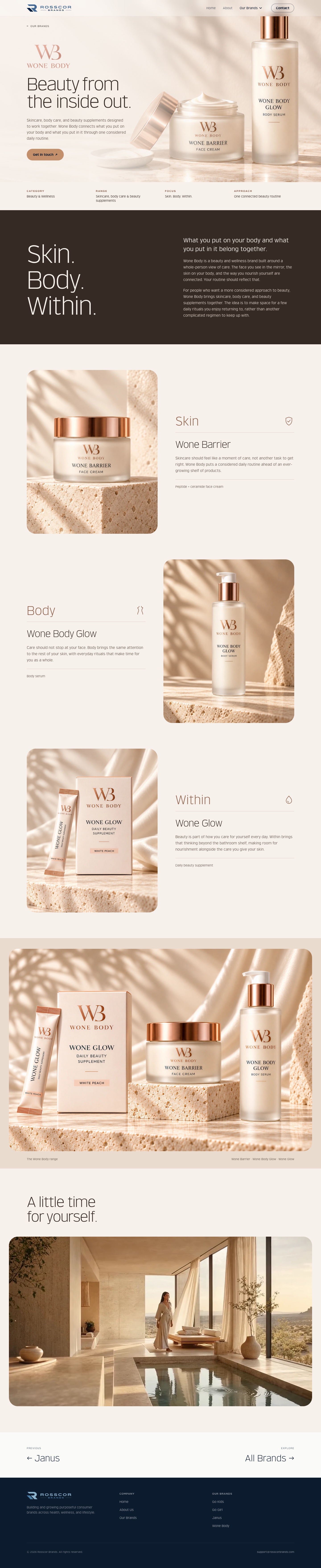 Wone Body brand page with warm neutral colours, skincare and beauty supplement product layouts, and lifestyle imagery