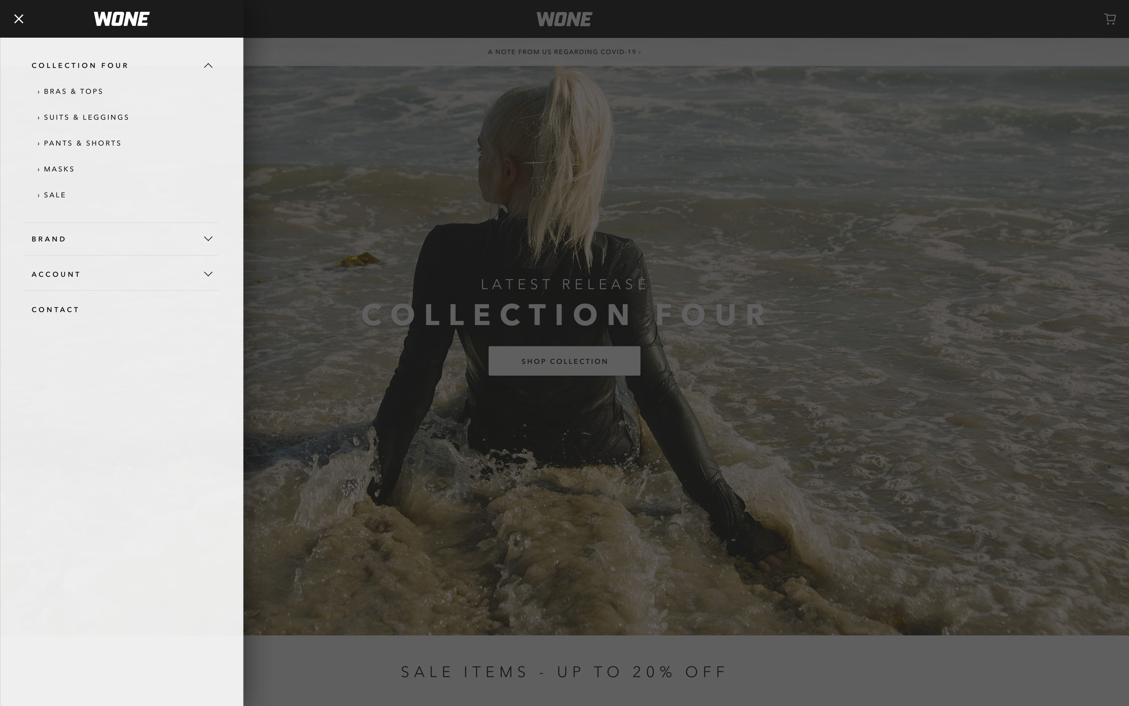 WONE concept navigation menu on desktop