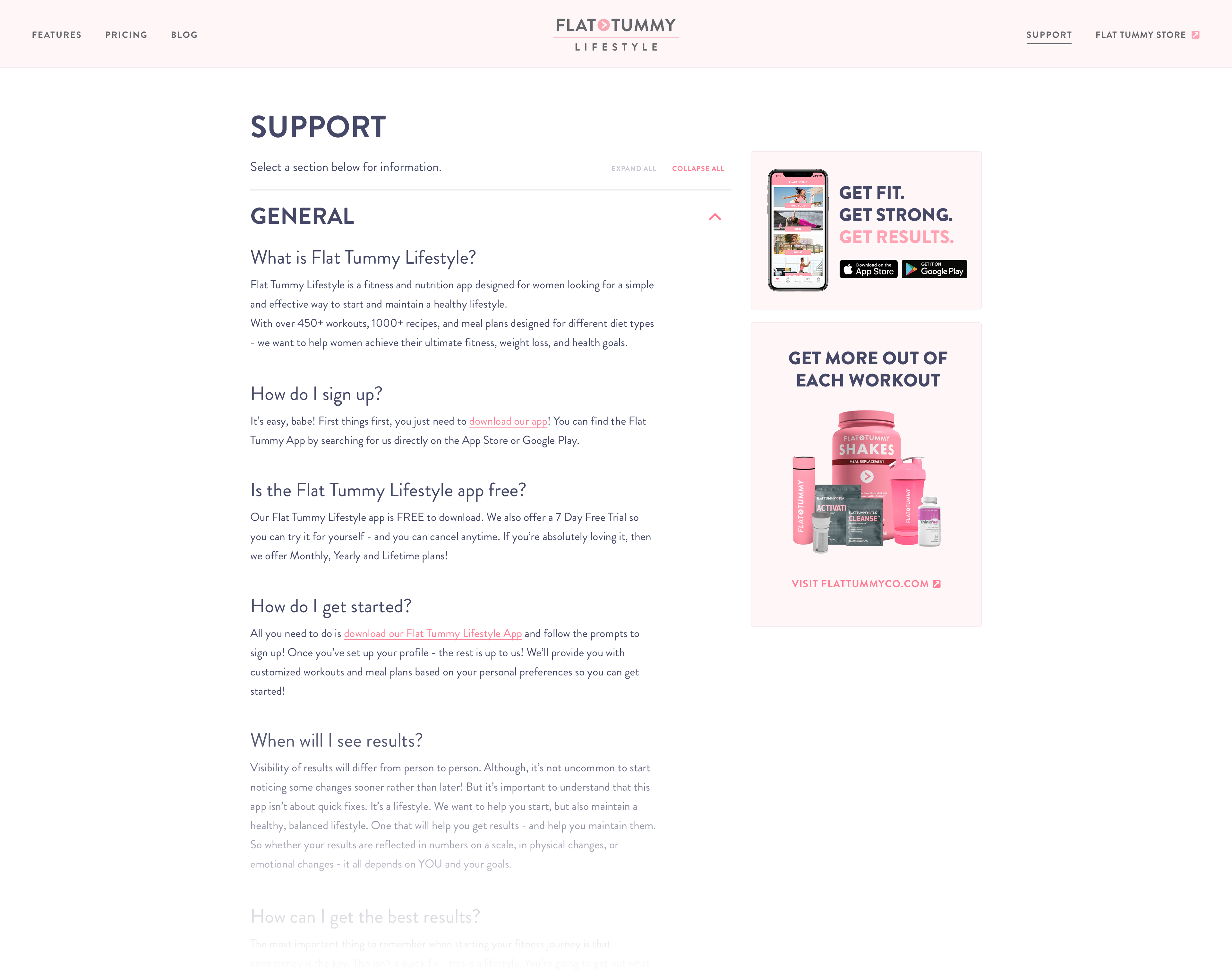 Flat Tummy app website FAQ page on desktop