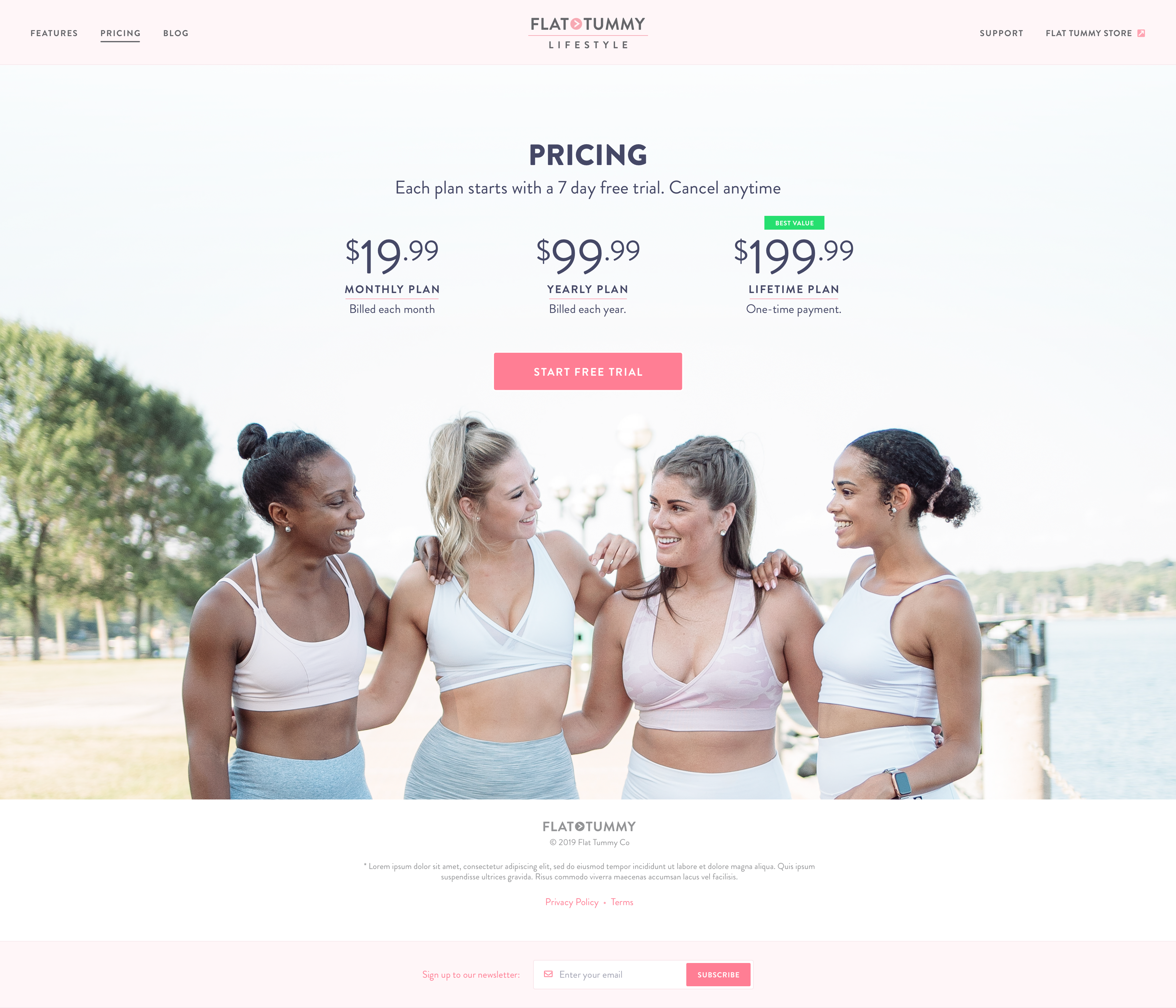 Flat Tummy app website pricing page on desktop